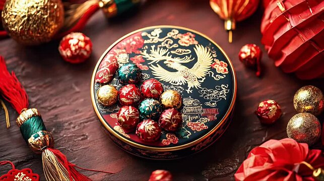 Decorative round box adorned with intricate design and golden accents accompanied by red decorations and ornaments on a wooden table
