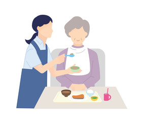 高齢者の食事介助をする介護士のイラストベクター素材
