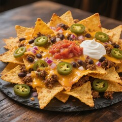 Tortilla chips topped with melted cheese and various toppings e