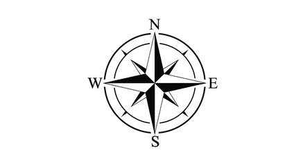 A simple black and white image depicting a traditional compass rose with cardinal directions labeled high quality professional © nhpvect02