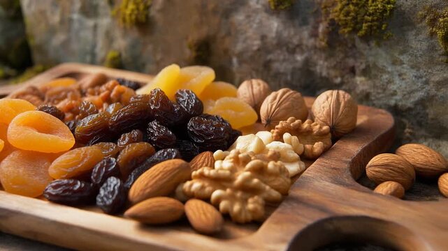 Assorted Nuts and Dried Fruits on Wooden Board.