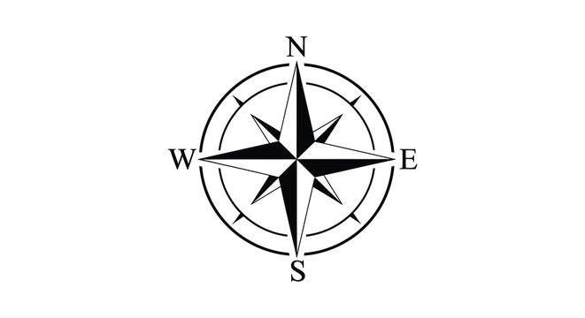 A simple black and white image depicting a traditional compass rose with cardinal directions labeled high quality professional