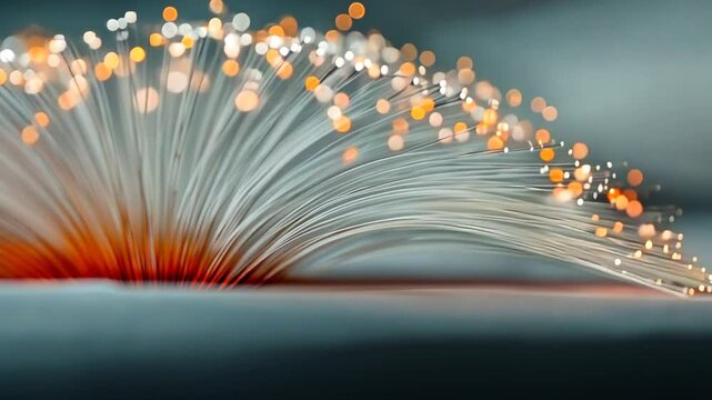 Fiber optic cables emit vibrant orange light on a sleek surface indoors.