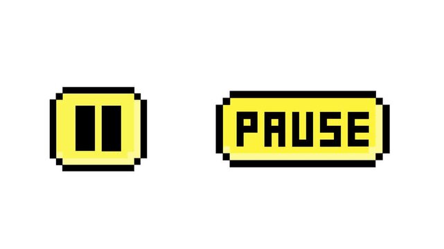 Vibrant pixel art pause icons and text button elements, presented in a classic arcade style, suitable for retro gaming interfaces and digital media player applications