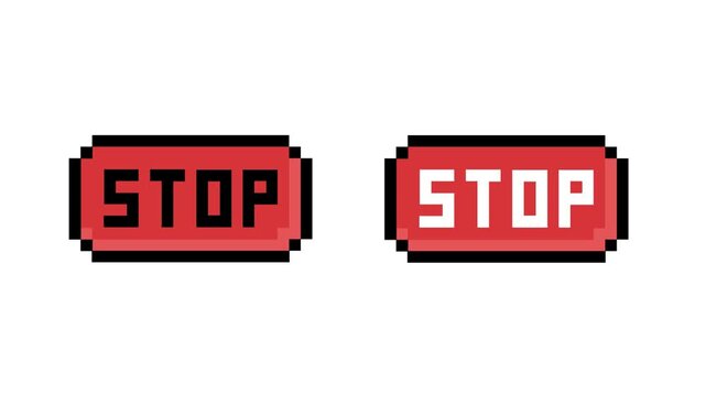 Vibrant pixel art stop button design, a retro digital interface graphic asset ideal for gaming UI and vintage technology projects and web development