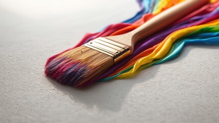 Fototapeta premium Paintbrush with multi colored bristles on a white surface with rainbow paint