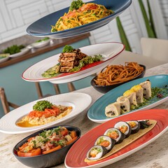 Floating buffet plates with a diverse mix of world cuisines