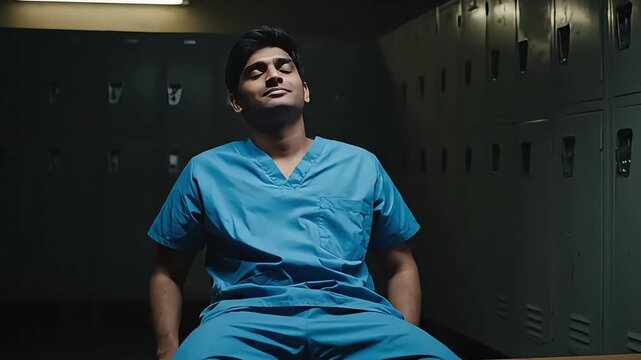 Young Male Nurse in Blue Scrubs Sitting in Locker Room, Reflecting After a Long Shift.
