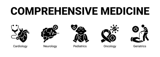 Obraz premium Comprehensive Medicine web banner icon concept, with Cardiology, Neurology, Pediatrics.
