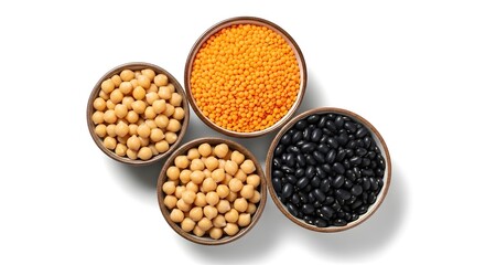 Fototapeta premium Vegan Protein Sources. Four bowls of various legumes including chickpeas, lentils, and black beans.