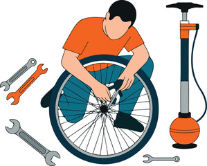 Naklejka premium Kids Bike Maintenance Line Icons Learning Repair, Tools, and Safety