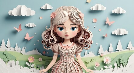 Enchanting Paper Doll in a Whimsical Spring Landscape.