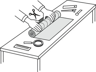 Tailor Measuring and Cutting Fabric on Work Table Vector