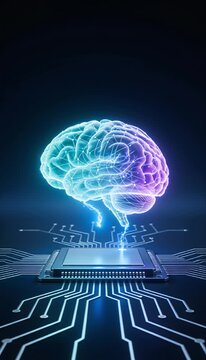 Artificial intelligence technology neural network brain microchip circuit processor concept, glowing hologram brain above chip, data computing futuristic processor board, machine learning research