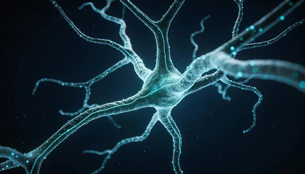 Neuron synapse brain neural network artificial intelligence technology visualization of axon dendrite signaling, glowing nerve cell data connections in dark space for neuroscience research concept