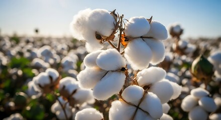 Close-up of cotton field with fluffy white bolls ready for harvest.