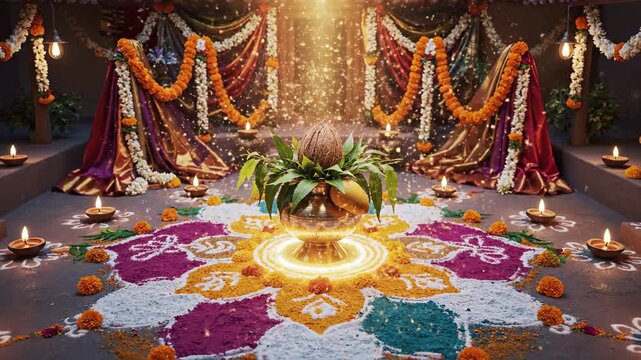 Golden-lit gudi padwa and ugadi festival setup featuring a kalash surrounded by vibrant rangoli art.