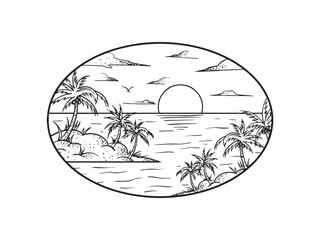hand drawing summer landscape, sunset on the sea illustrations