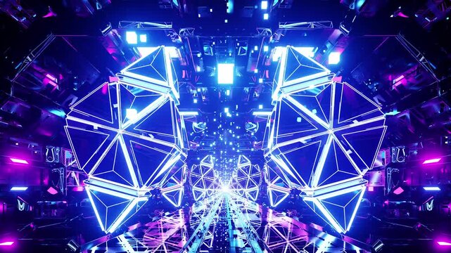 An abstract light tunnel with rotating geometric shapes on a seamless loop. Perfect for visualization of audio beats in music videos, nightclubs, stage performances, LED screens and projection cards.