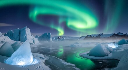 Fototapeta premium Spectacular Aurora Borealis over Jokulsarlon Glacier Lagoon in Icelands Winter.