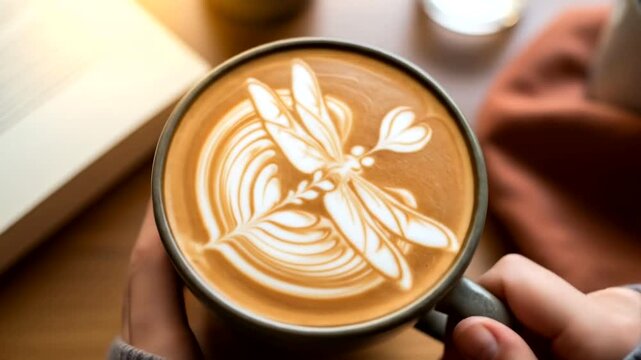 A beautifully crafted latte art featuring a dragonfly design, held in a cozy caf? setting
