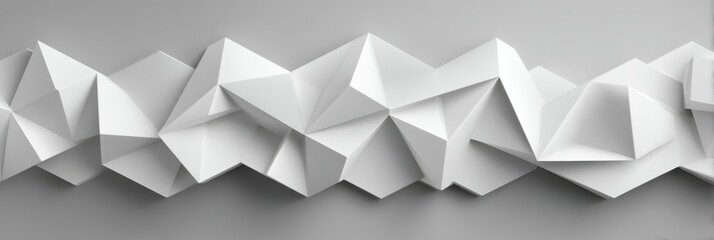 White origami-like faceted paper forms create a panoramic low-poly ridge with sharp triangles, shadows and depth against a neutral gray background.