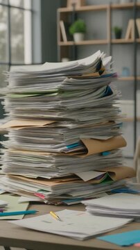 Cluttered Office Desk with Stack of Papers.