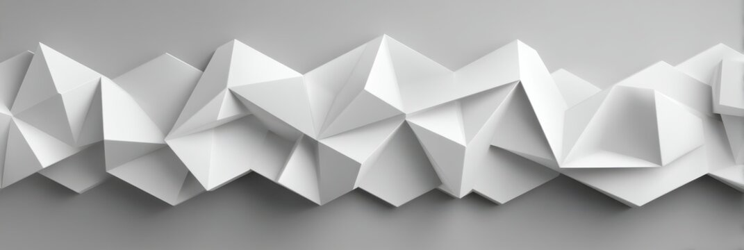 White origami-like faceted paper forms create a panoramic low-poly ridge with sharp triangles, shadows and depth against a neutral gray background.