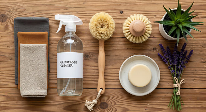 Natural cleaning supplies and accessories arranged neatly on wooden background for sustainable home care