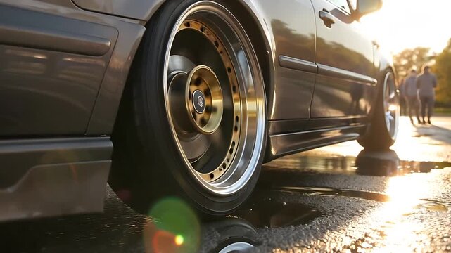 Low angle shot of a dark grey car with custom gold and chrome rims, parked on wet asphalt with sun glare, automotive tuning concept