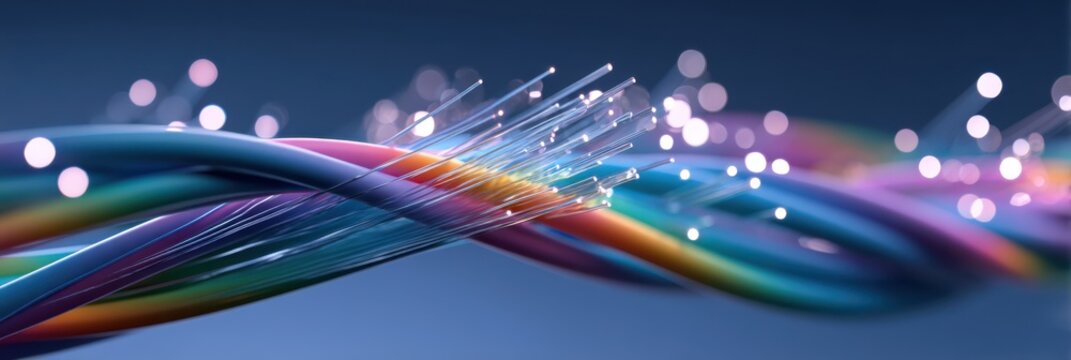 Close-up of colorful twisted fiber-optic cables with exposed glass strands emitting light against a soft bokeh background, symbolizing high-speed data and connectivity.