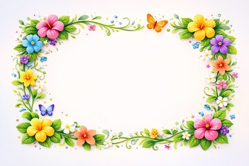 Obraz premium A bright 3D floral border frame surrounding a rectangular empty center. With colorful flowers, green vines, butterflies, and small decorative elements. Apply smooth gradients, layered depth
