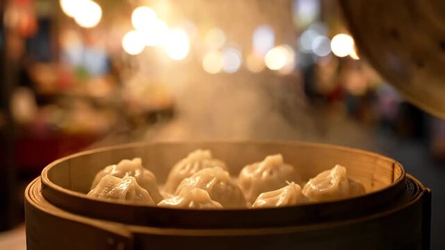 Steaming dumplings in bamboo steamer with night market.