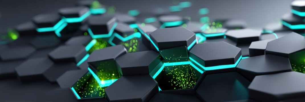 Futuristic 3D hexagonal tiles with glowing teal and green circuitry peeking through black metallic blocks, forming a cybernetic abstract pattern.