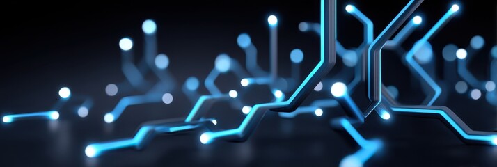 Fototapeta premium Abstract glowing blue circuit traces and nodes on a dark background, evoking a futuristic electronic network or motherboard.