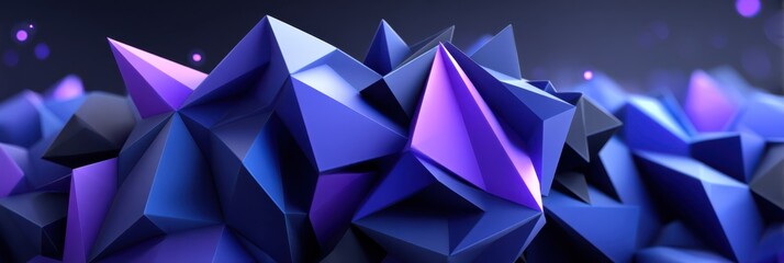 Fototapeta premium Low-poly 3D abstract landscape of sharp purple and blue crystalline polygons with glowing neon highlights and glossy facets.