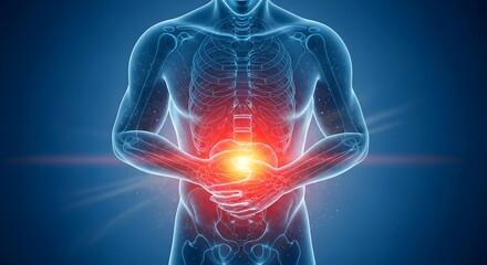 Abdominal pain and internal organ inflammation. Digestive health and medical diagnosis. Human silhouette with glowing red stomach area showing chronic gastric distress