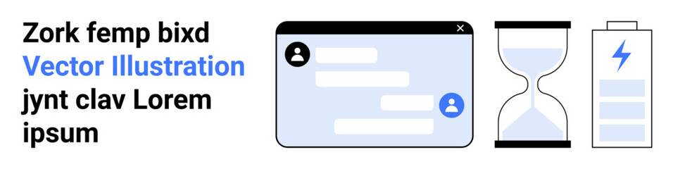 Fototapeta premium Communication, technology, time management, productivity tools, energy usage, digital connectivity. Chat window with messages, hourglass timer and battery icon. Communication and technology