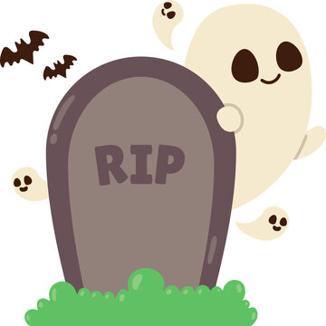 Playful Ghost with Tombstone Illustration in Spooky Halloween Night