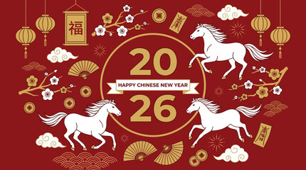 Fototapeta premium Chinese New Year 2026 Year of the Horse festive design with lanterns, horses and gold accents on a red background