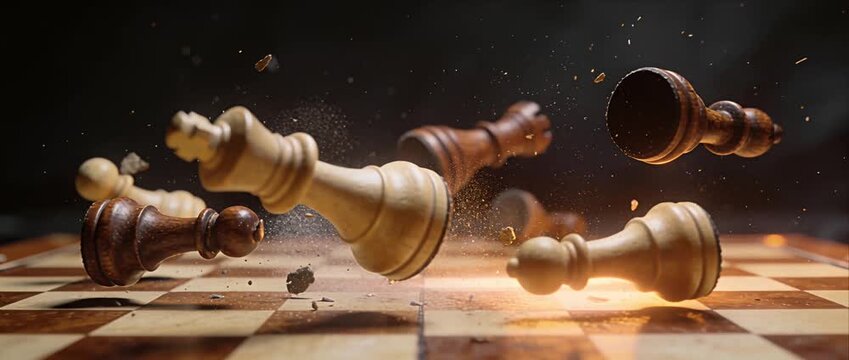 Chess board king queen pawn strategy competition battle motion dust sparks on wooden squares, tactic focus planning, pieces fly after impact capturing victory toward checkmate under intense light
