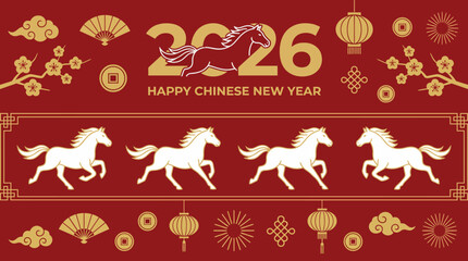 Fototapeta premium Chinese New Year celebration banner with four golden horses, red and gold decor, lanterns, fans, and festive symbols