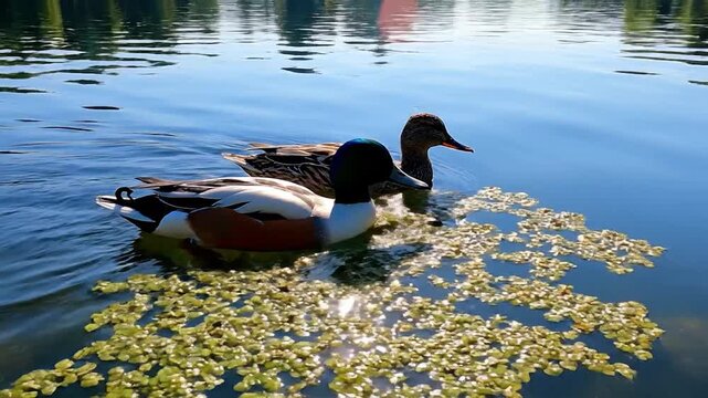 Two ducks swim together on a tranquil blue lake with reflections and aquatic plants