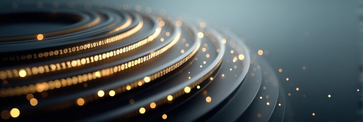 Fototapeta premium Concentric metallic rings with streaming binary code and floating golden bokeh, an abstract depiction of data storage, digital layers, and futuristic technology.