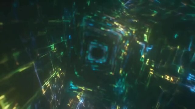 Blurred squares abstract techno loop background with softly glowing geometric blocks, smooth motion and depth, subtle neon highlights in blue and purple tones, seamless looping animation, futuristic 