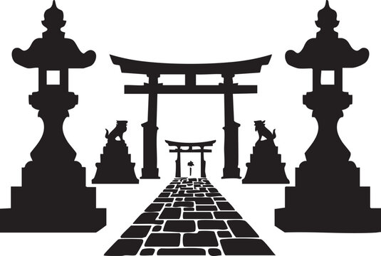 Japanese shrine entrance with torii gate, stone lanterns, and guardian lions silhouette, isolated on white background