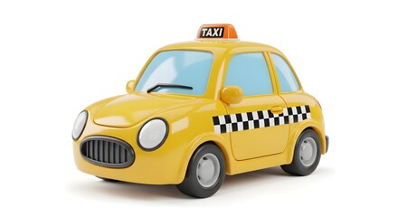 A bright yellow toy taxi car with a checkered side and orange roof light on a white background