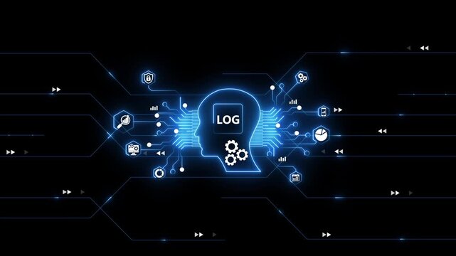 L O G data processing digital brain technology concept with glowing blue circuits and
