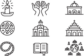 Fototapeta premium Religious architecture and spiritual symbols set of outline icons for worship and faith concept