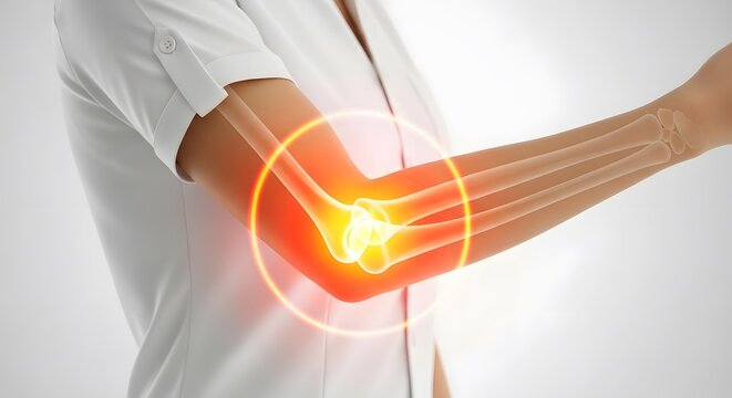 Anatomical representation of elbow joint inflammation. Healthcare awareness and medical education. Woman wearing a white shirt with a glowing circular highlight on her injured arm bone